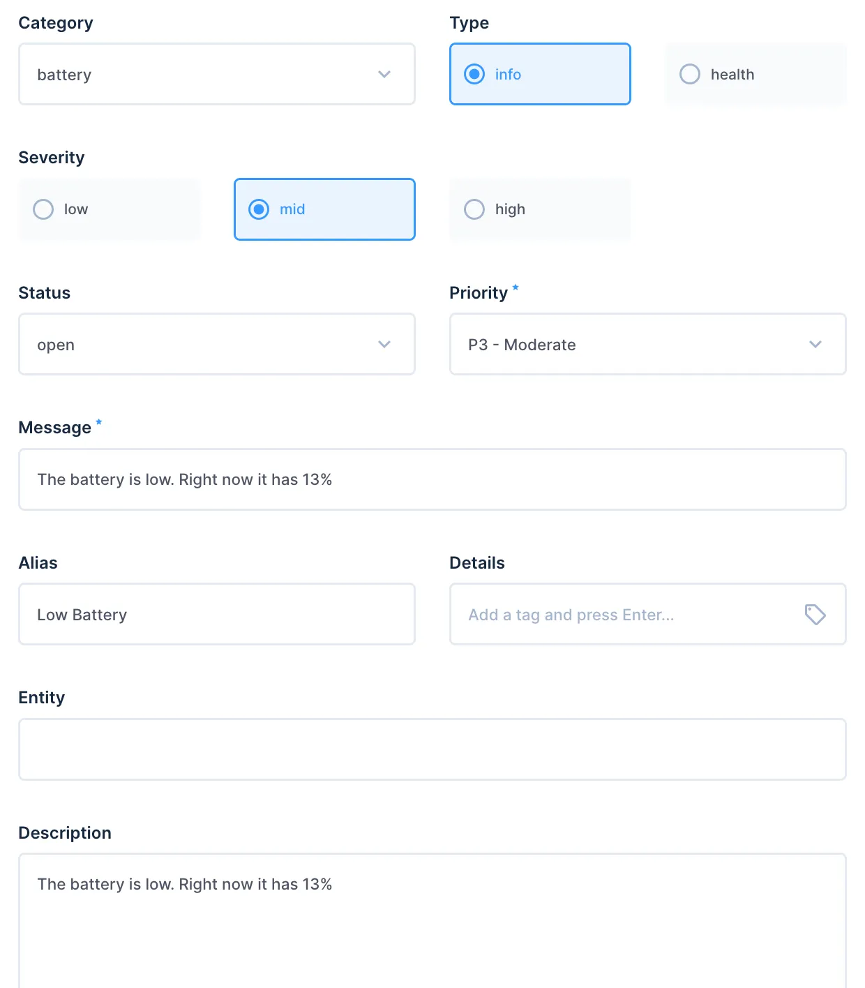 Item view of an alert that is created once the battery level is reaching a low level.